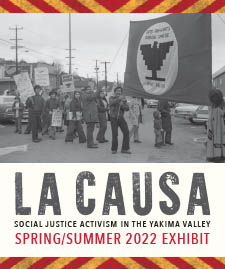 Poster for La Cause exhibit - protestors with United Farm Workers flag. 
