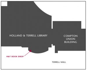 Outline of Holland and Terrell Library and Compton Union Building with the location of the book drop labeled