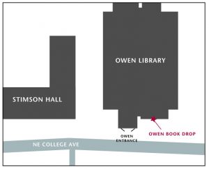 Outline of Owen Library along NE College Ave with the book drop labeled to the right of the main entrance