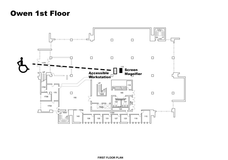 Map of Owen first floor with accessible workstation and screen magnifier straight through the front door