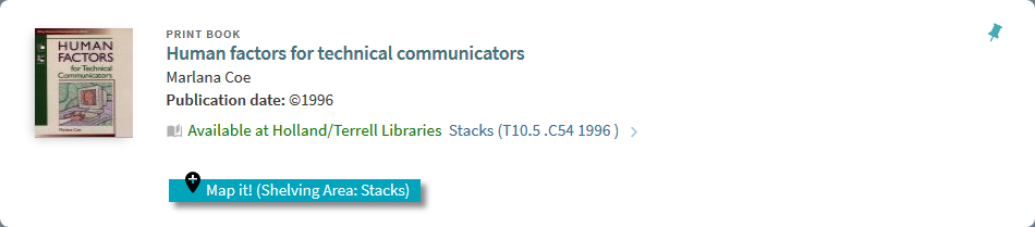 Item record in Search It showing "Map it!" button at bottom of top section for Human factors for technical communicators