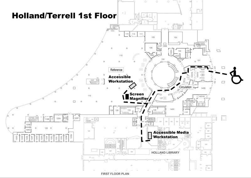 Map of Holland and Terrell first floor with screen magnifier by reference desk and accessible media station through doors entering Holland