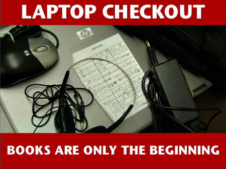 Laptop with headphones, mouse, and power cord. Text reading "Books are only the beginning"