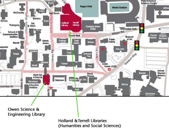 WSU Pullman Campus Map with Library locations highlighted