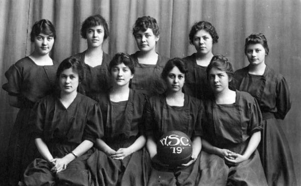The WSU women's basketball team poses for a team photograph, 1919. Courtesy of WSU Manuscripts, Archives, and Special Collections. 