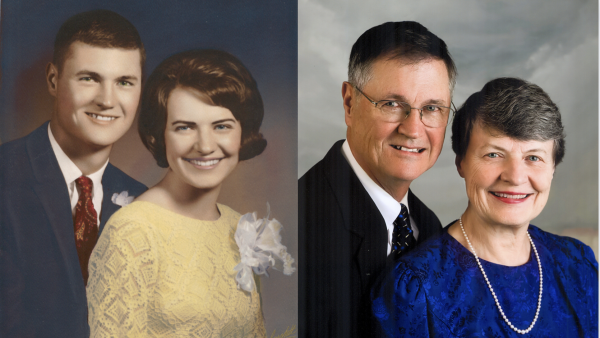 Monica and Don Peters' wedding portrait on Sept. 1, 1967 (left) and their 50th anniversary portrait in 2017 (right). 