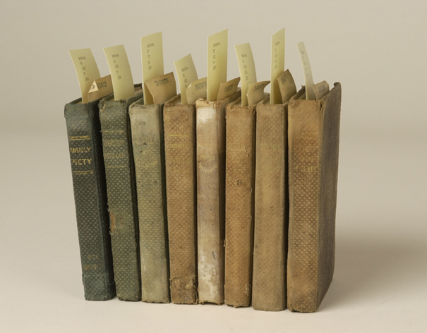 Eight old books set up on their end with bookmarks