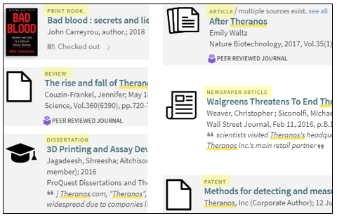 Six Search It records with type highlighted: Print Book, Review, Dissertation, Article, Newspaper Article, and Patent