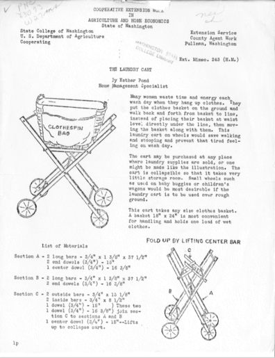 Early Extension publication explains how to construct a laundry cart on wheels.