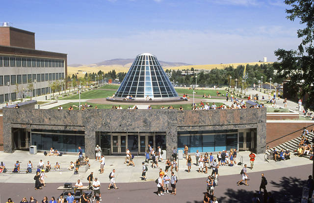 Terrell Library seen from above and across Terrell Mall with several dozen students walking by and relaxing on top